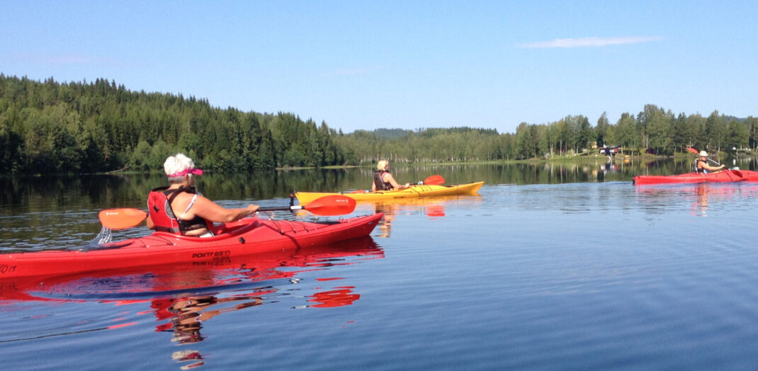 Två röda kajaker och en gul kajak paddlar på lugn blå sjö. Öar med skog och röda stugor 