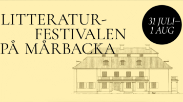 Litteraturfestivalen på Mårbackas Logotype. Gul bakgrund m svart text och bild på huset Mårbacka.